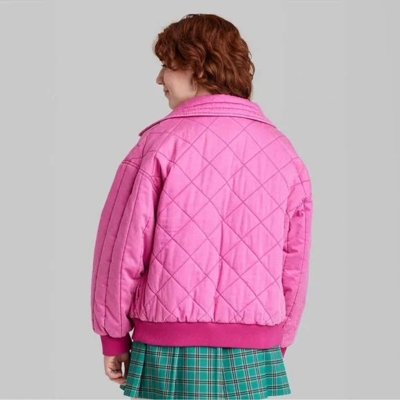 Women’s Woven quilted bomber jacket color vibrant pink NWT - Picture 3 of 11